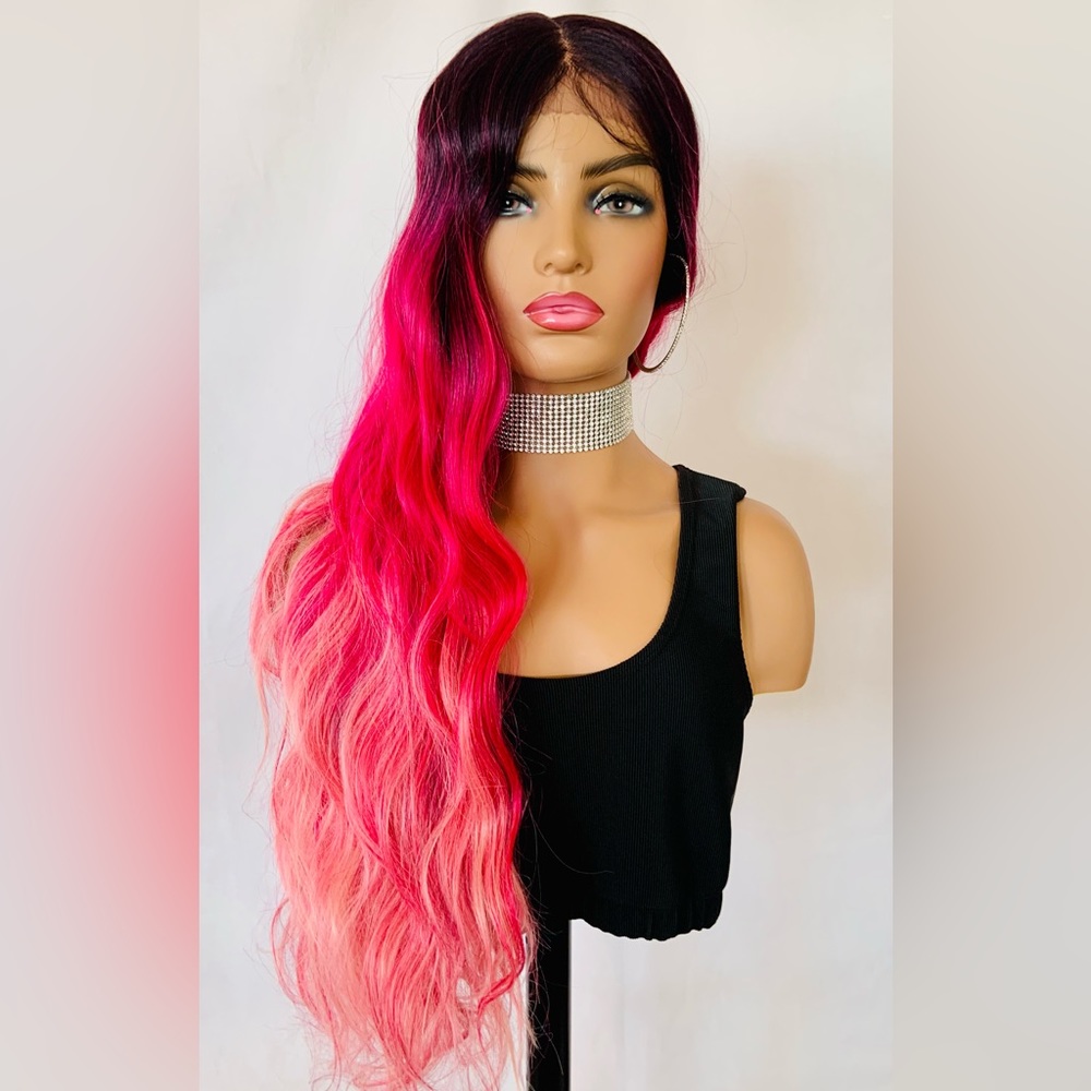 Gorgeous Ombre Pink Fuchsia Premium Fiber Lace Front Wig - Daily Wear/Events 🌺